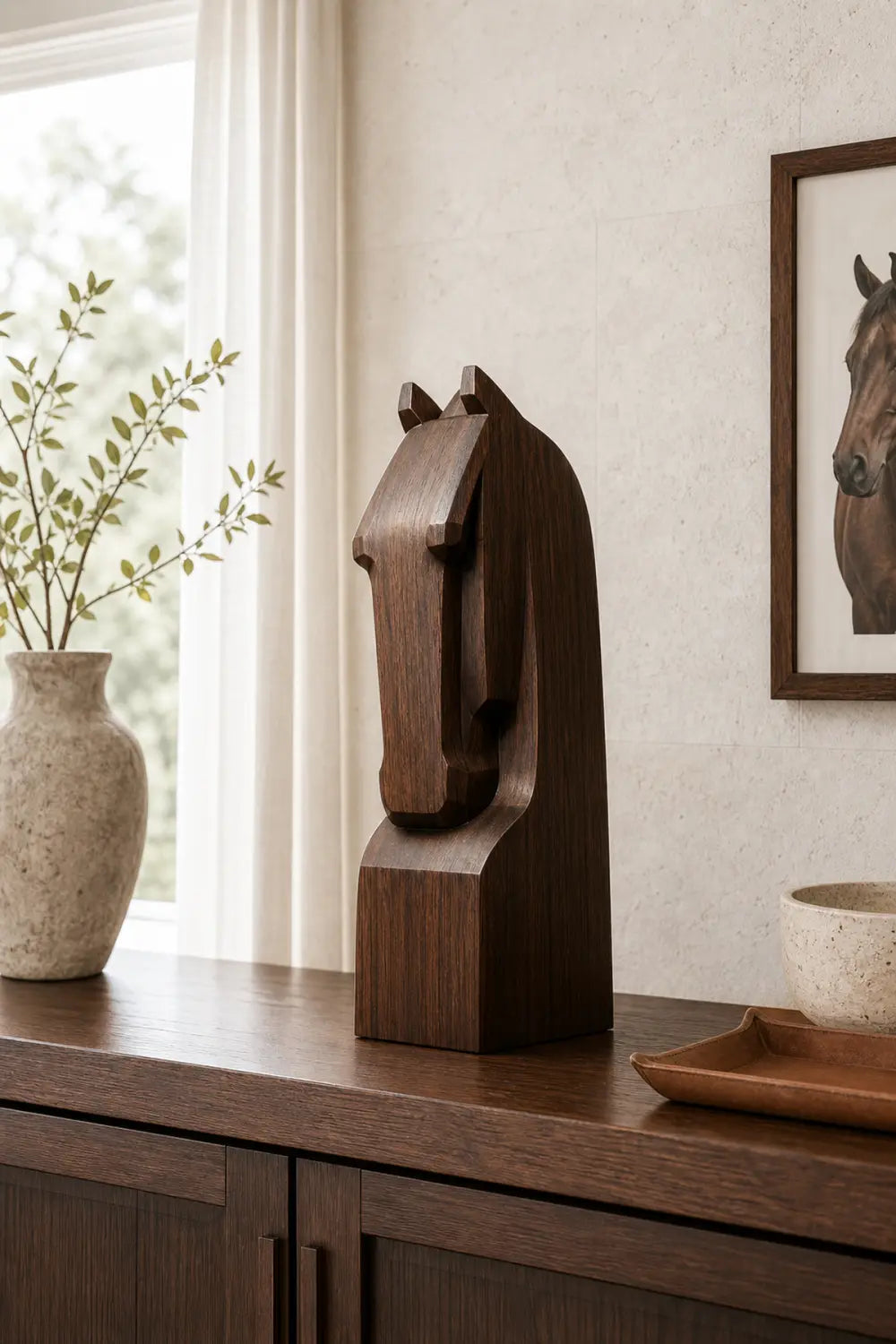 Hand Carved Minimalist Wood Horse Statue Unique Gift Animal Wooden Sculptures