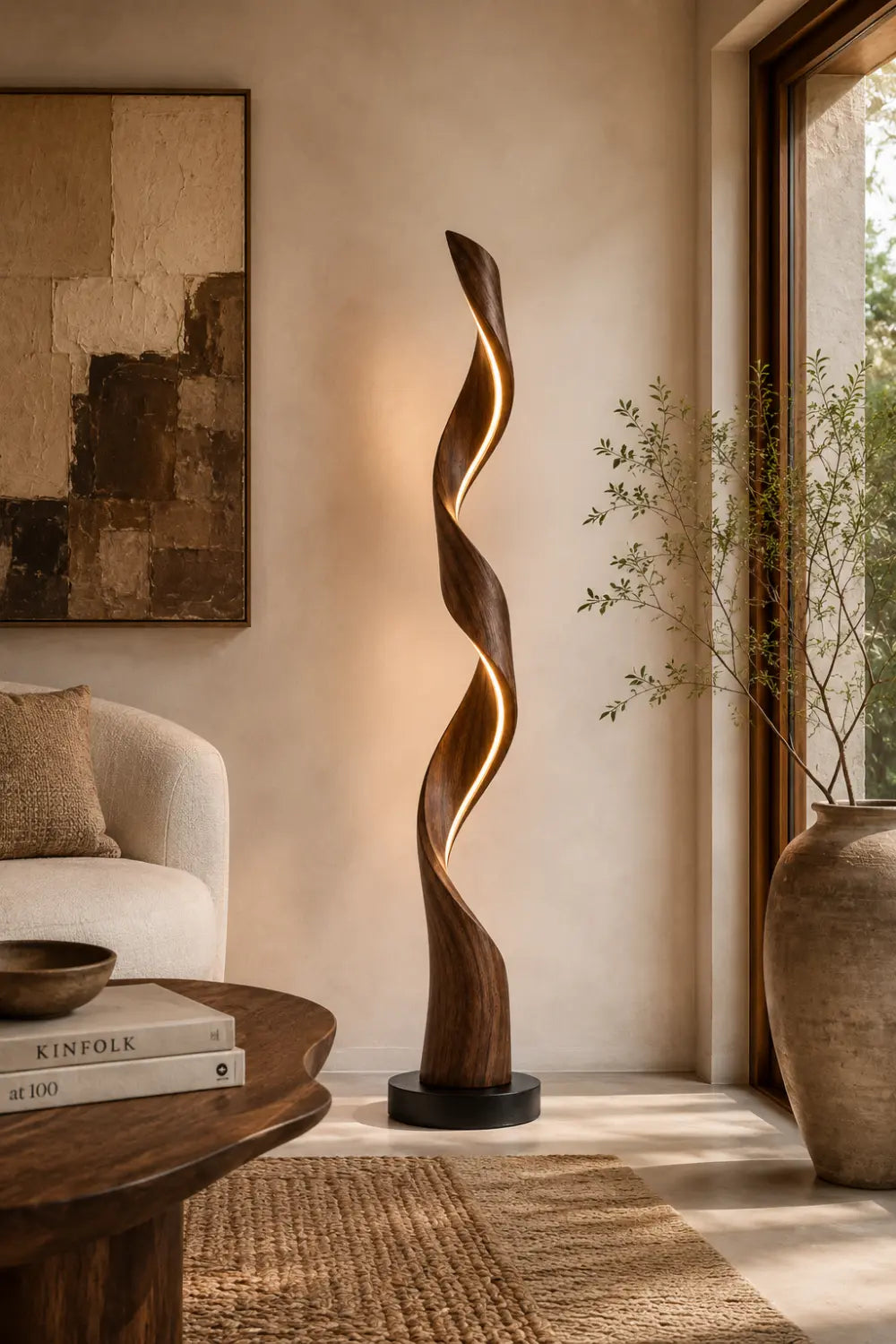 Handcrafted Spiral Wooden Floor Lamp With Warm LED Light For Modern Living Rooms And Luxury Interiors