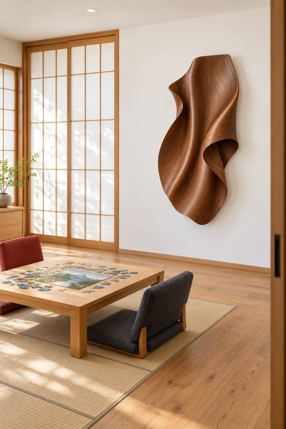 Curling Leaf Wood Wall Sculpture | Modern 3D Floating Ribbon Timber Relief Decor