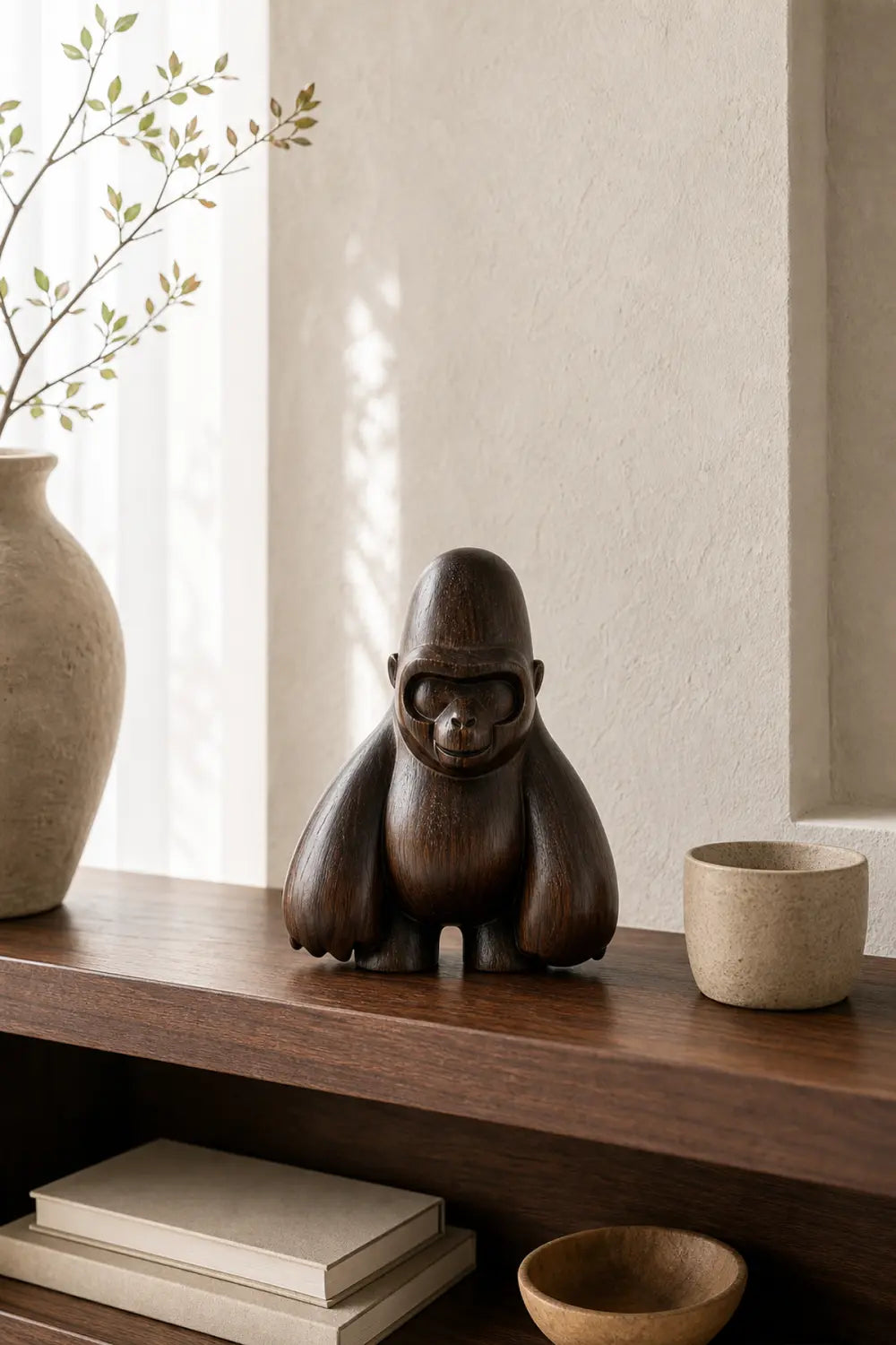 Hand-Carved Walnut Gorilla Sculpture For Modern Home Decor And Minimalist Interior Design