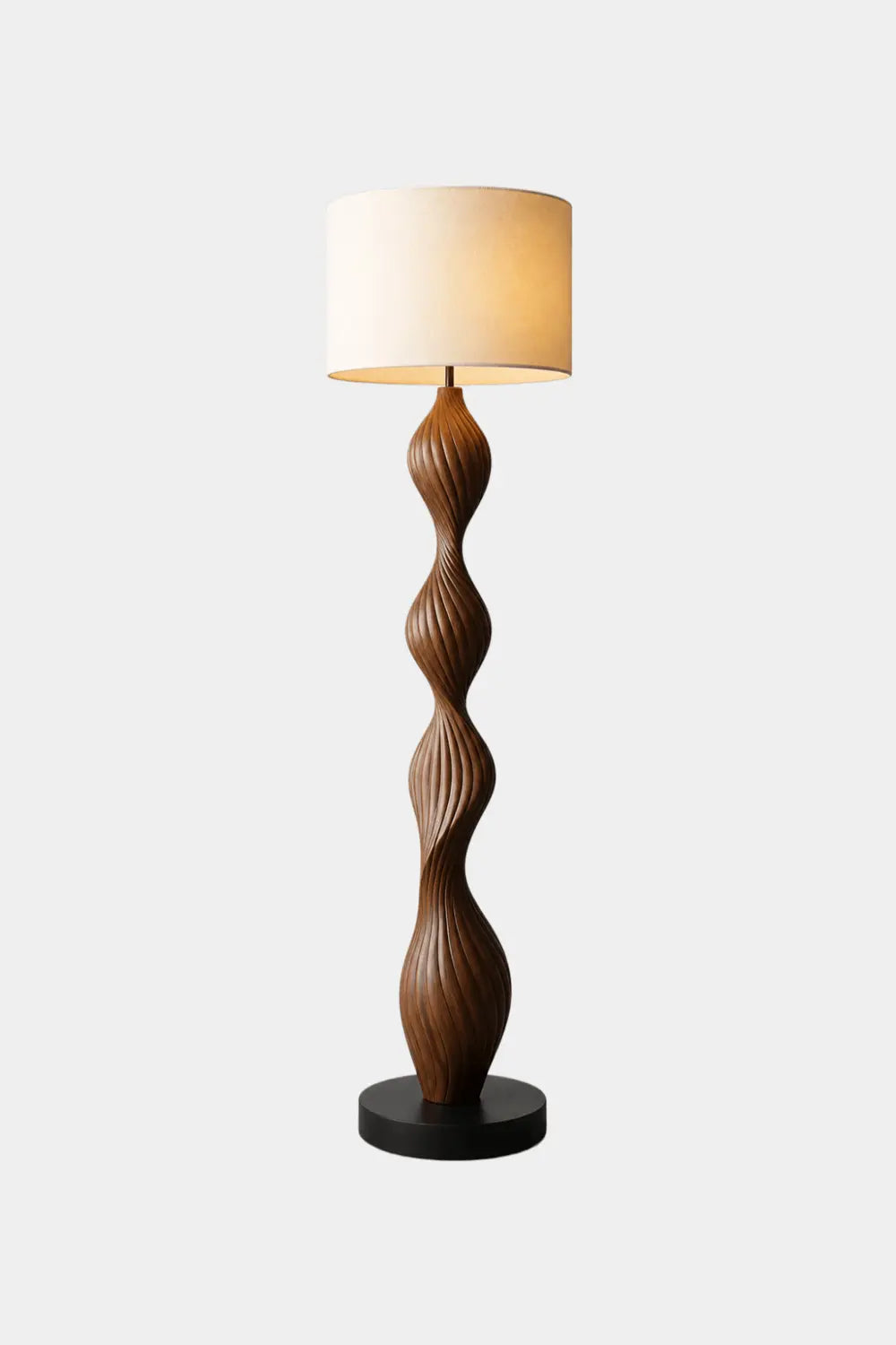 Modern Spiral Wood Floor Lamp With Warm Linen Shade For Contemporary Living Rooms