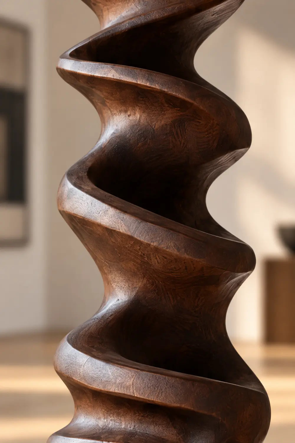 Large Abstract Walnut Wood Floor Sculpture Modern Spiral Form