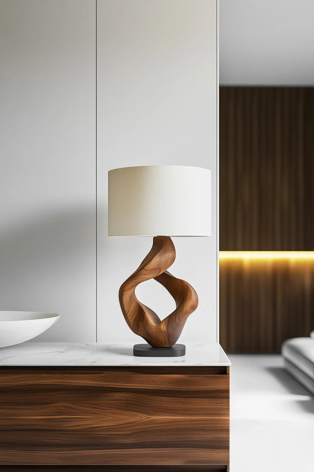 Modern Abstract Wooden Table Lamp With Twisted Walnut Base For Living Room Decor