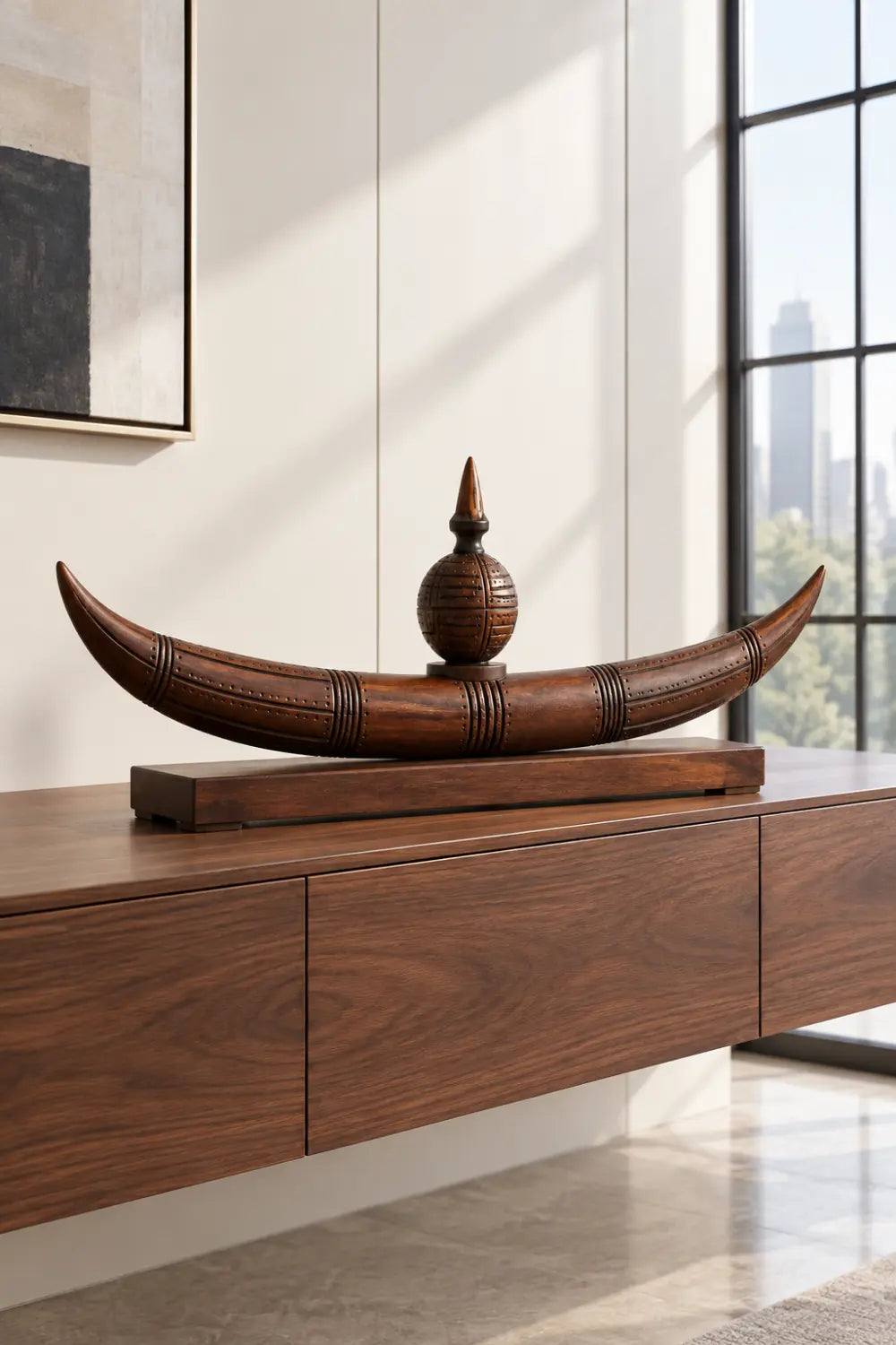 Abstract Tribal Moon Sculpture Wooden Artwork With Central Sphere For Contemporary Interiors