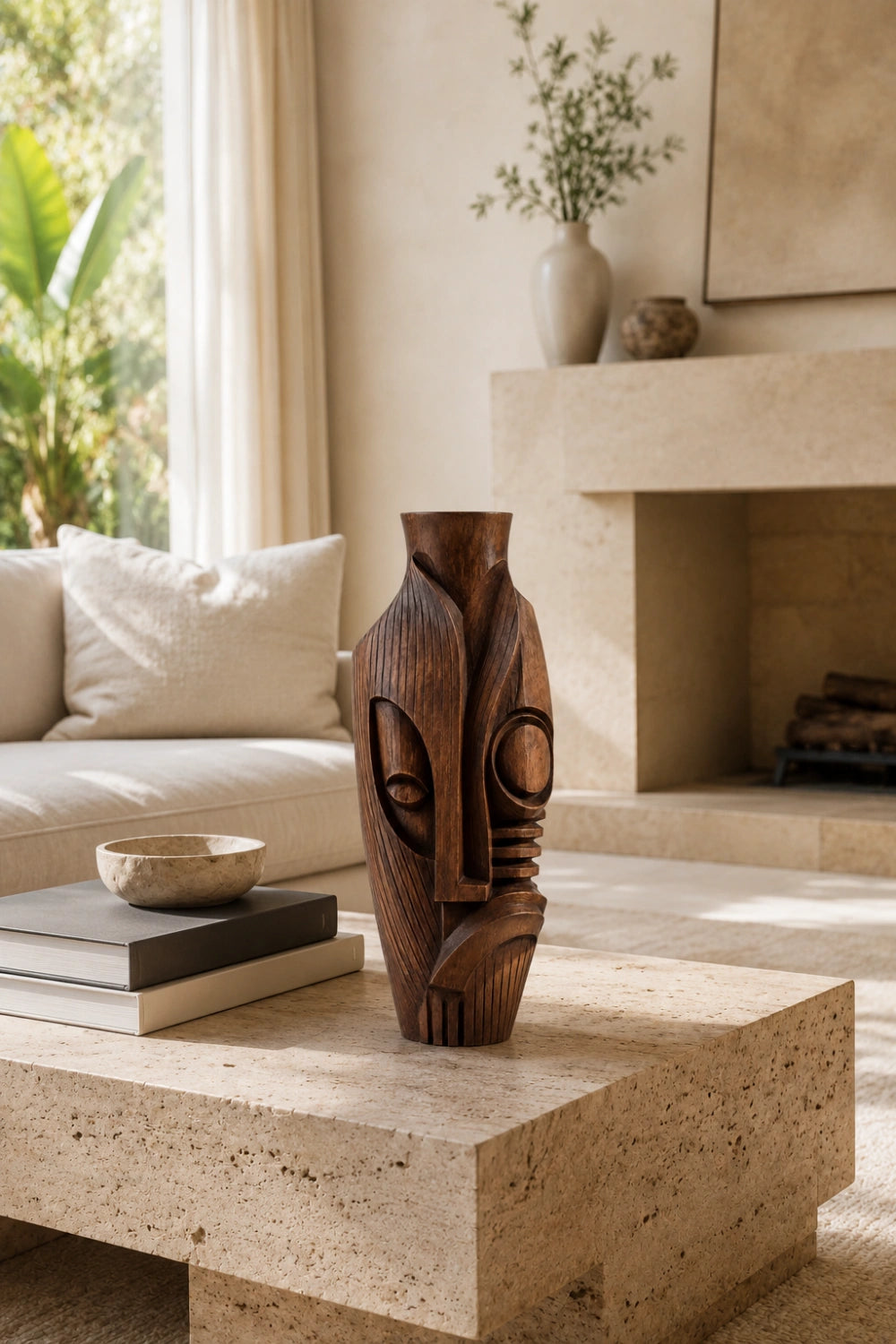 Hand-Carved African Tribal Wooden Vase Abstract Large Floor Decor