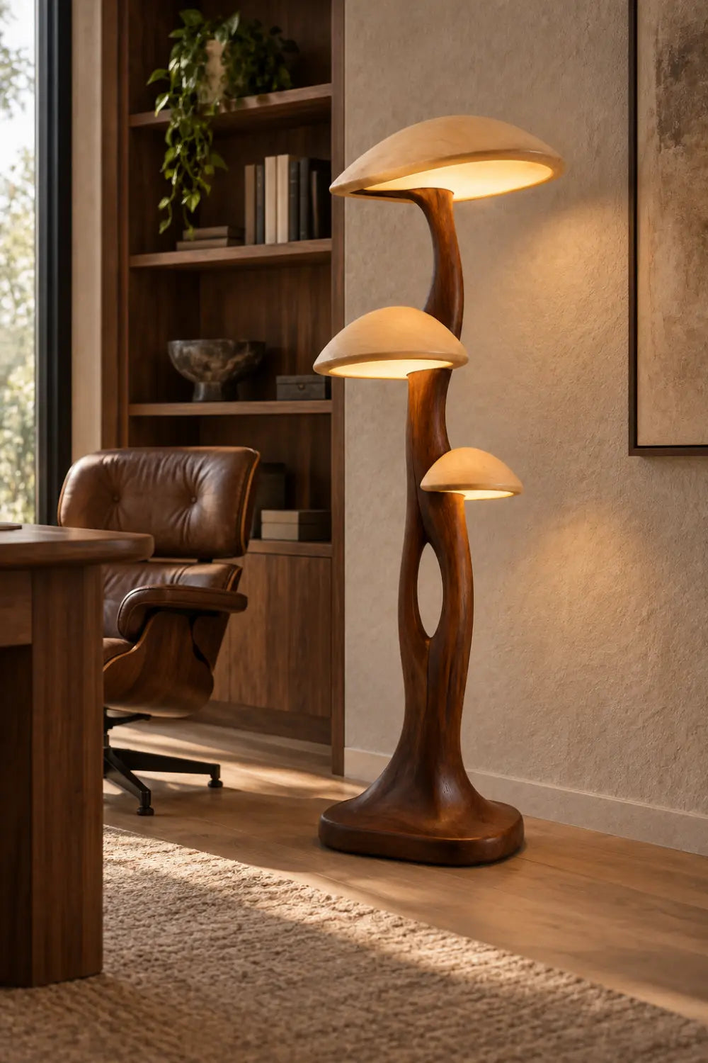 Hand-Carved Wooden Floor Lamp With Mushroom Shades For Modern Living Rooms