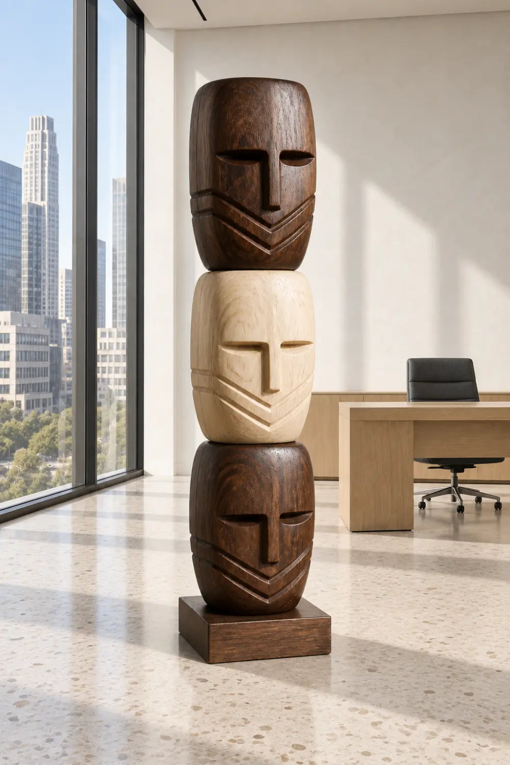 Large African Tribal Wood Sculpture With Abstract Human Faces For Modern Home Decor