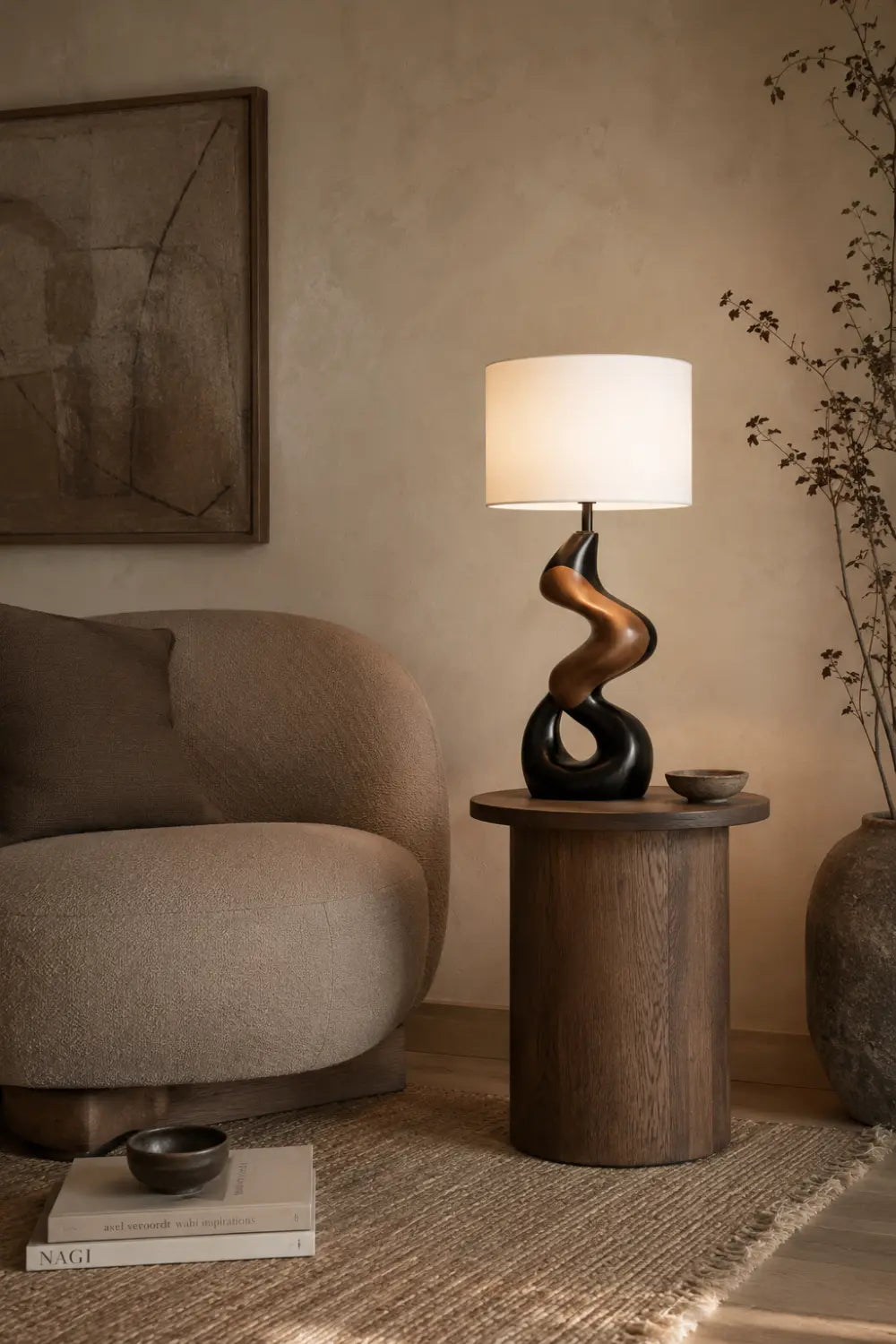 Artistic Twisted Wood Desk Lamp Creating Warm Ambiance In Study Or Office Space