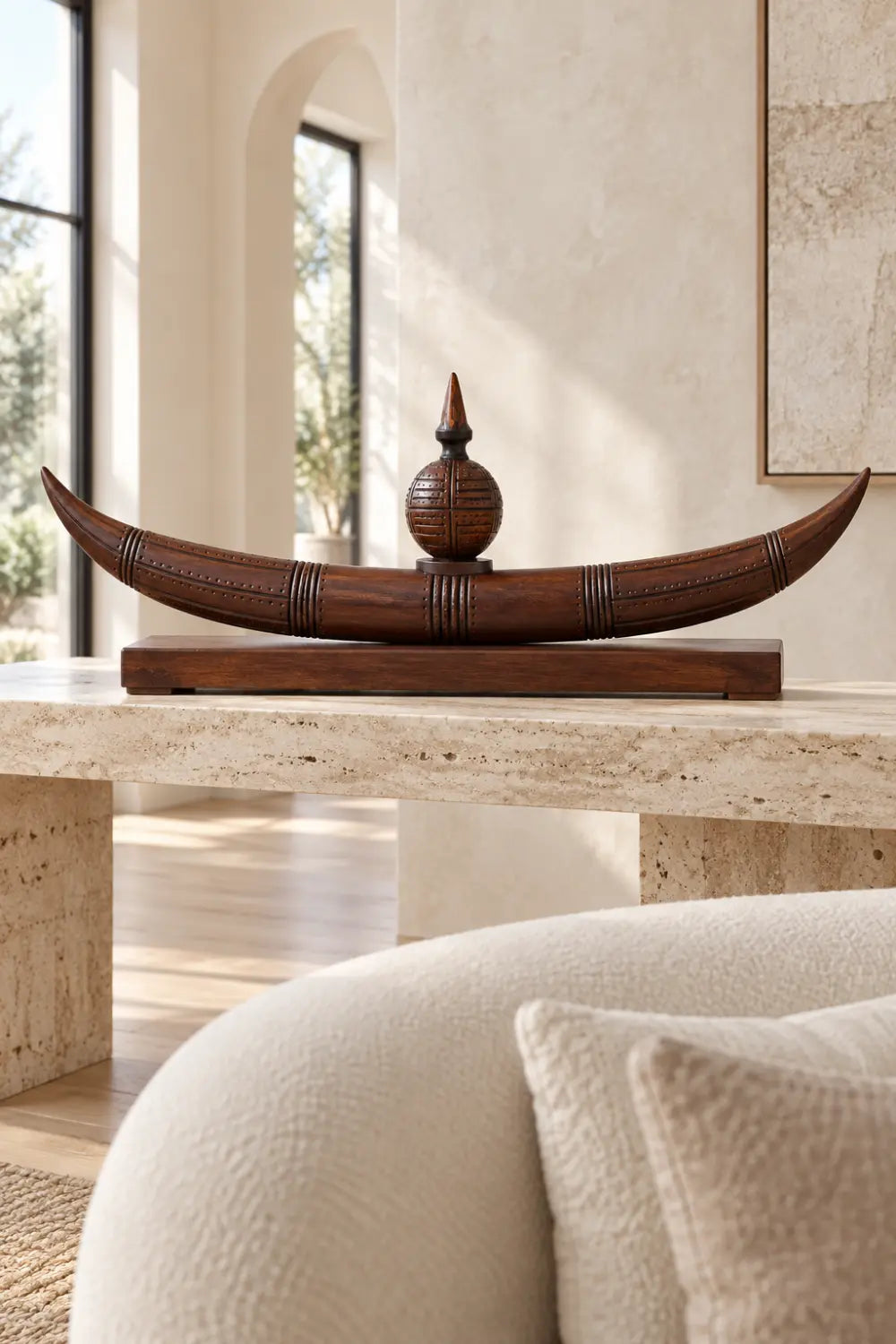 Abstract Tribal Moon Sculpture Wooden Artwork With Central Sphere For Contemporary Interiors