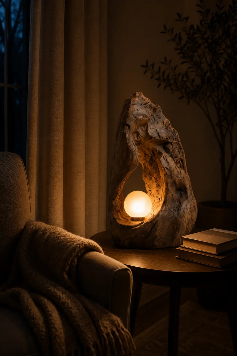 Hand Carved Organic Wood Table Lamp With Warm Glow For Modern Living Rooms
