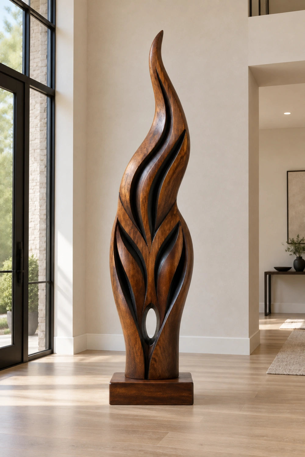 Abstract Wooden Flame Floor Sculpture | Dynamic Standing Decor For Living Space