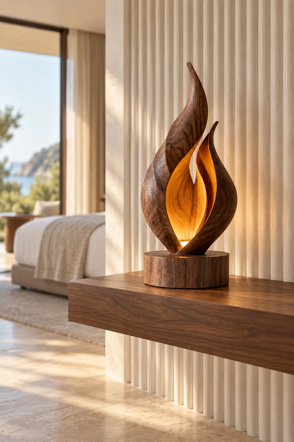 Solid Wood Flame Sculpture Lamp Warm White Light Artistic Desk Accent For Living Room
