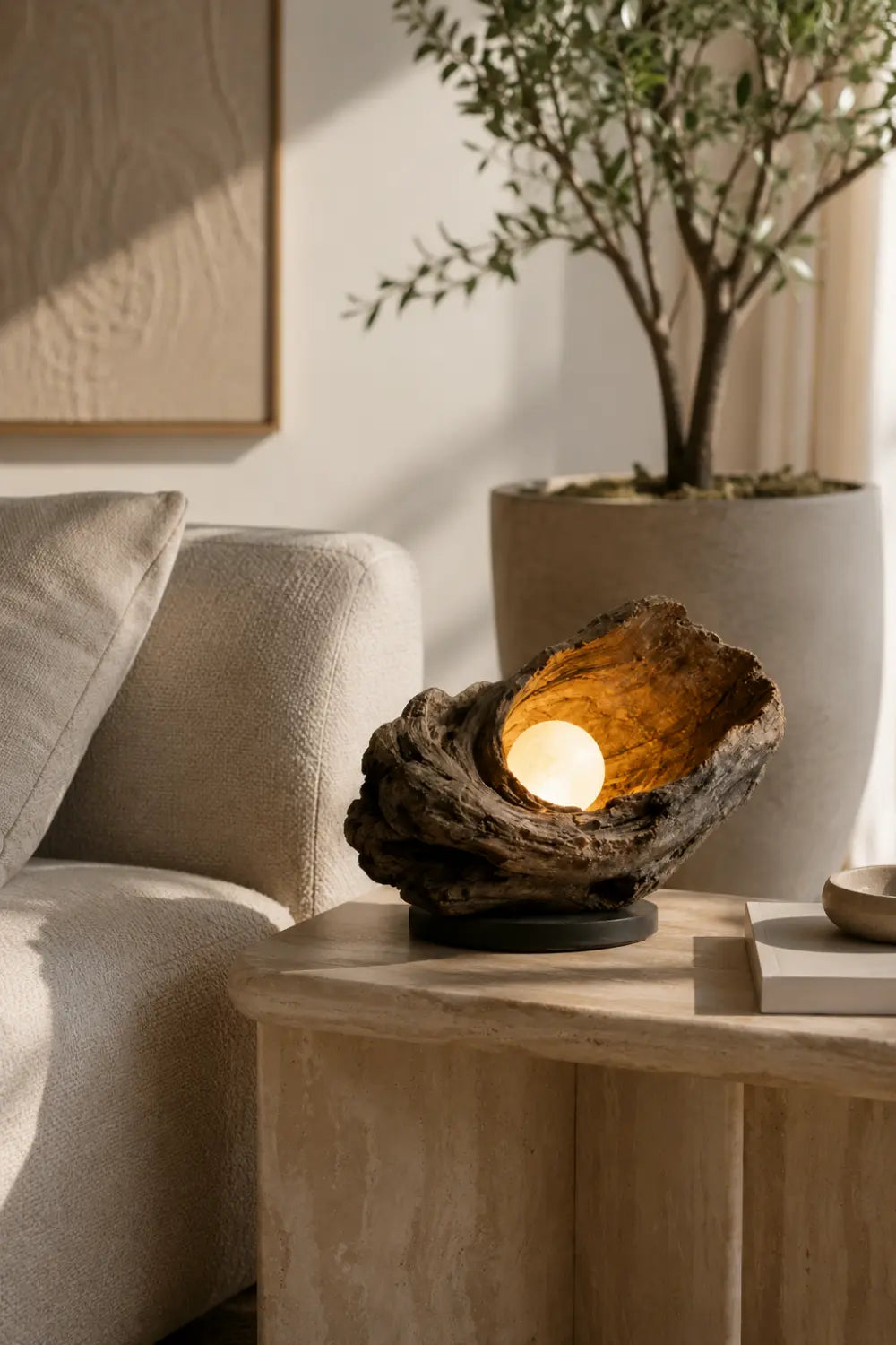 Handcrafted Weathered Driftwood Table Sculptural Wooden Lamp With Warm Glow For Modern Home Decor