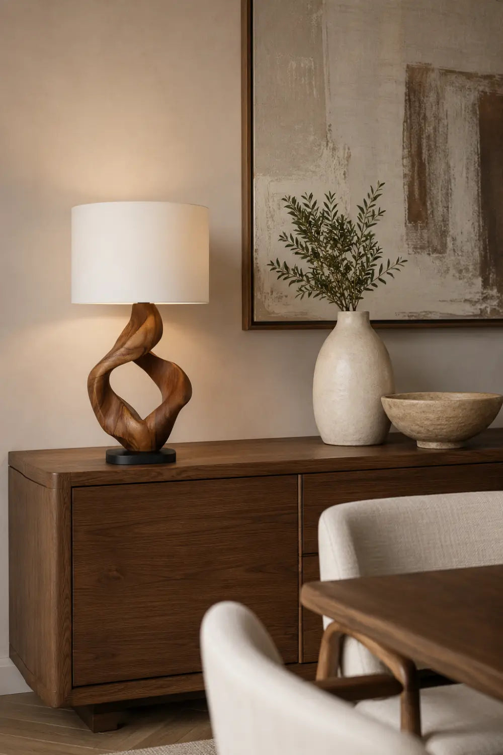 Modern Abstract Wooden Table Lamp With Twisted Walnut Base For Living Room Decor