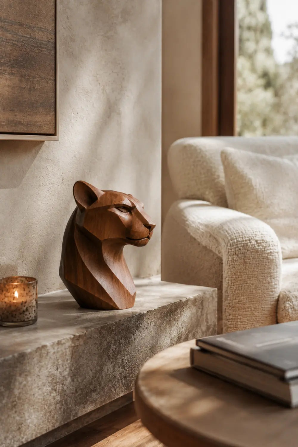 Abstract Wooden Panther Statue Minimalist Animal Sculpture For Contemporary Interiors