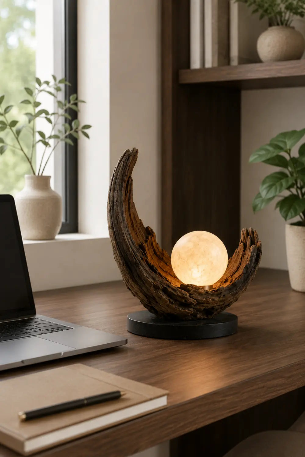 Abstract Wooden Sculpture Lamp Crescent Shape With Warm Light For Living Room