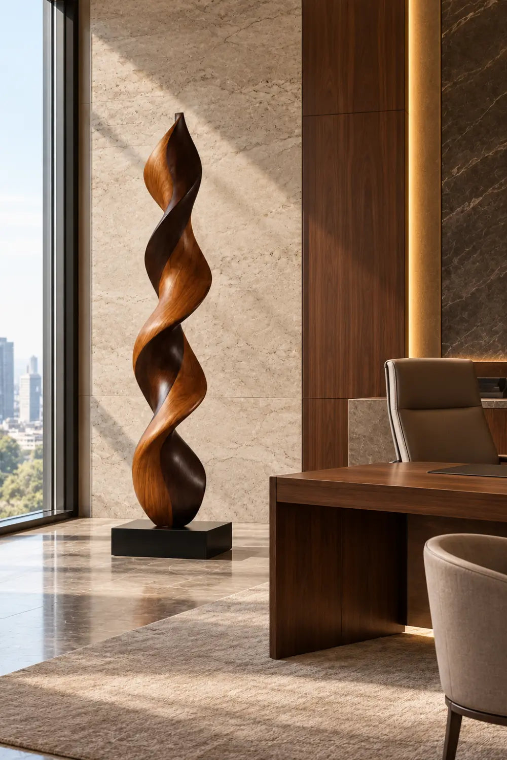 Large Abstract Walnut Wood Floor Sculpture For Modern Home Decor