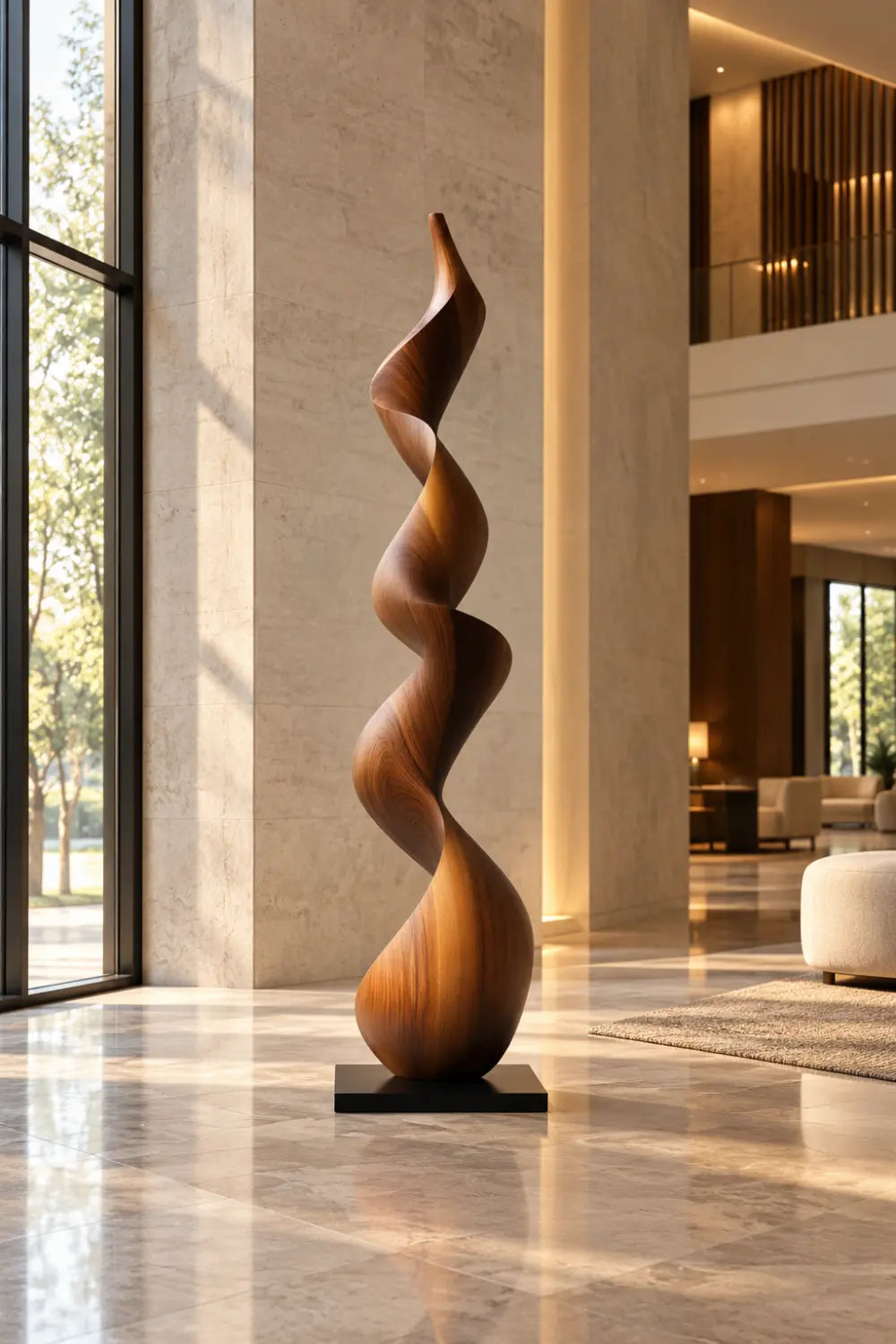 Large Walnut Wood Spiral Sculpture For Modern Living Room Freestanding Abstract Art