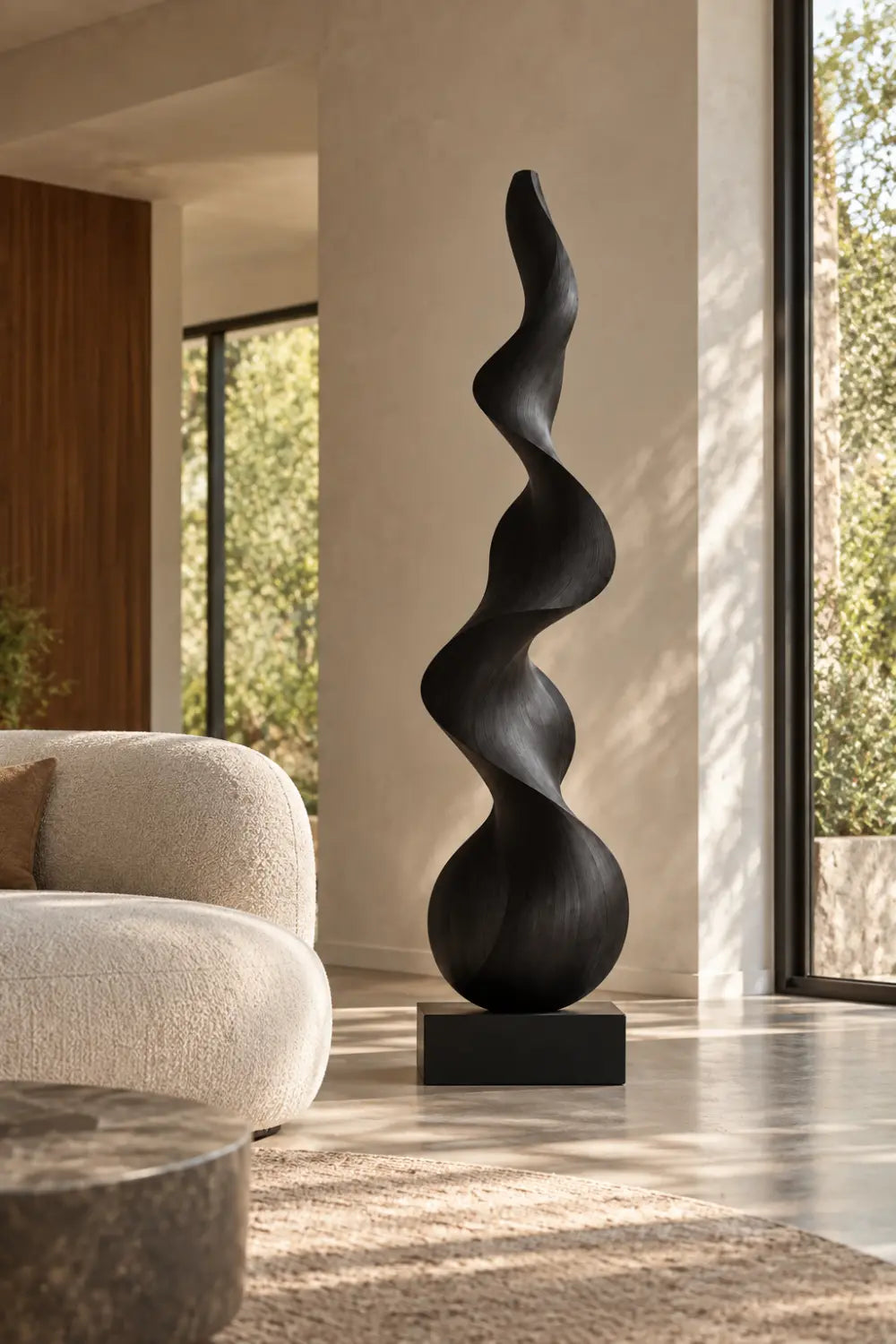 Large Black Spiral Wood Floor Sculpture | Modern Standing Statue For Living Space