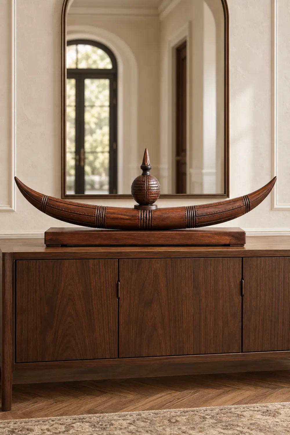 Abstract Tribal Moon Sculpture Wooden Artwork With Central Sphere For Contemporary Interiors