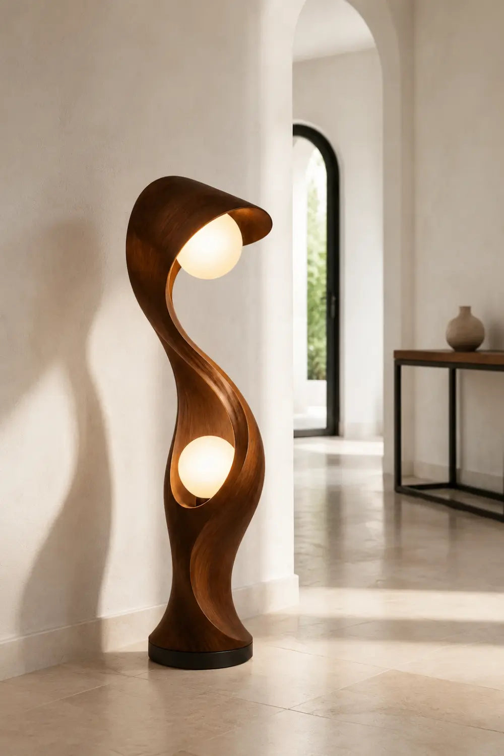 Modern Abstract Wood Floor Lamp With Dual Warm Light Spheres For Contemporary Living Rooms