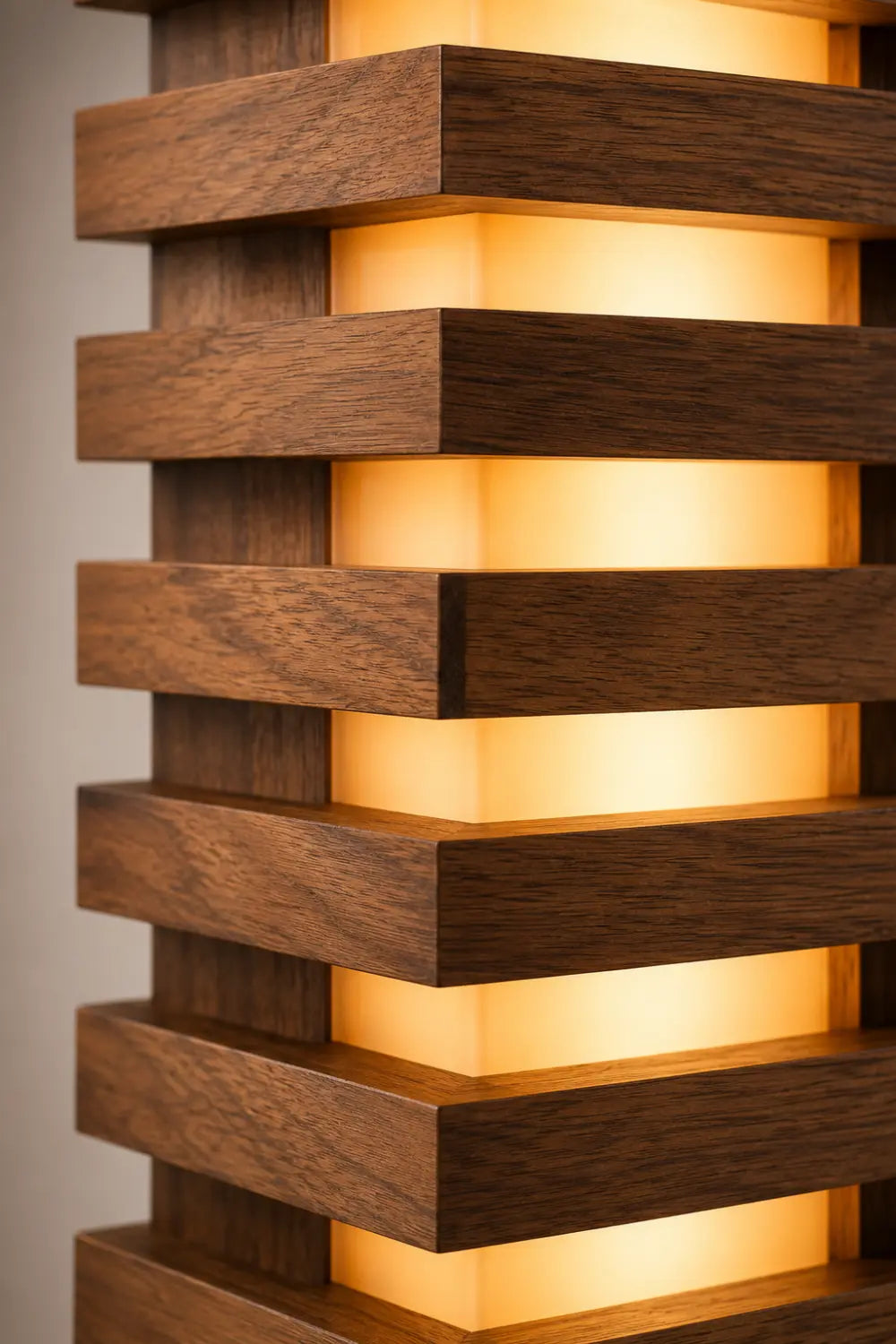 Handcrafted Natural Wood Floor Lamp With Layered Slats And Warm Glow Lighting