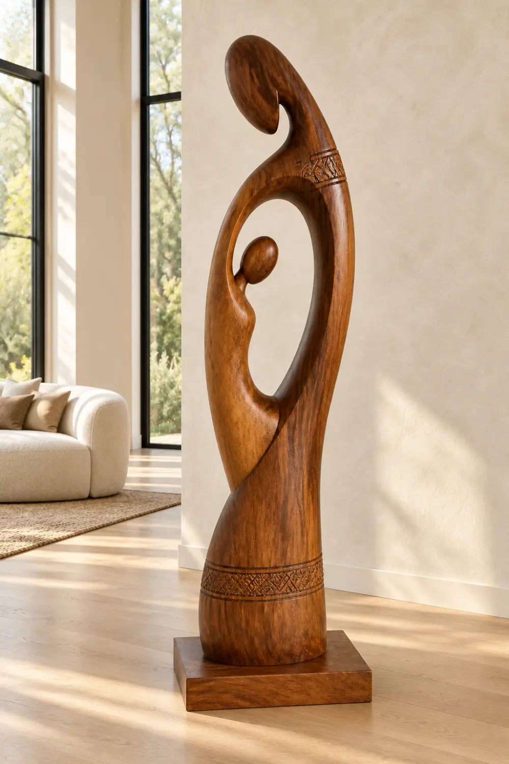 Large Abstract Mother And Child Wooden Sculpture For Modern Home Decor