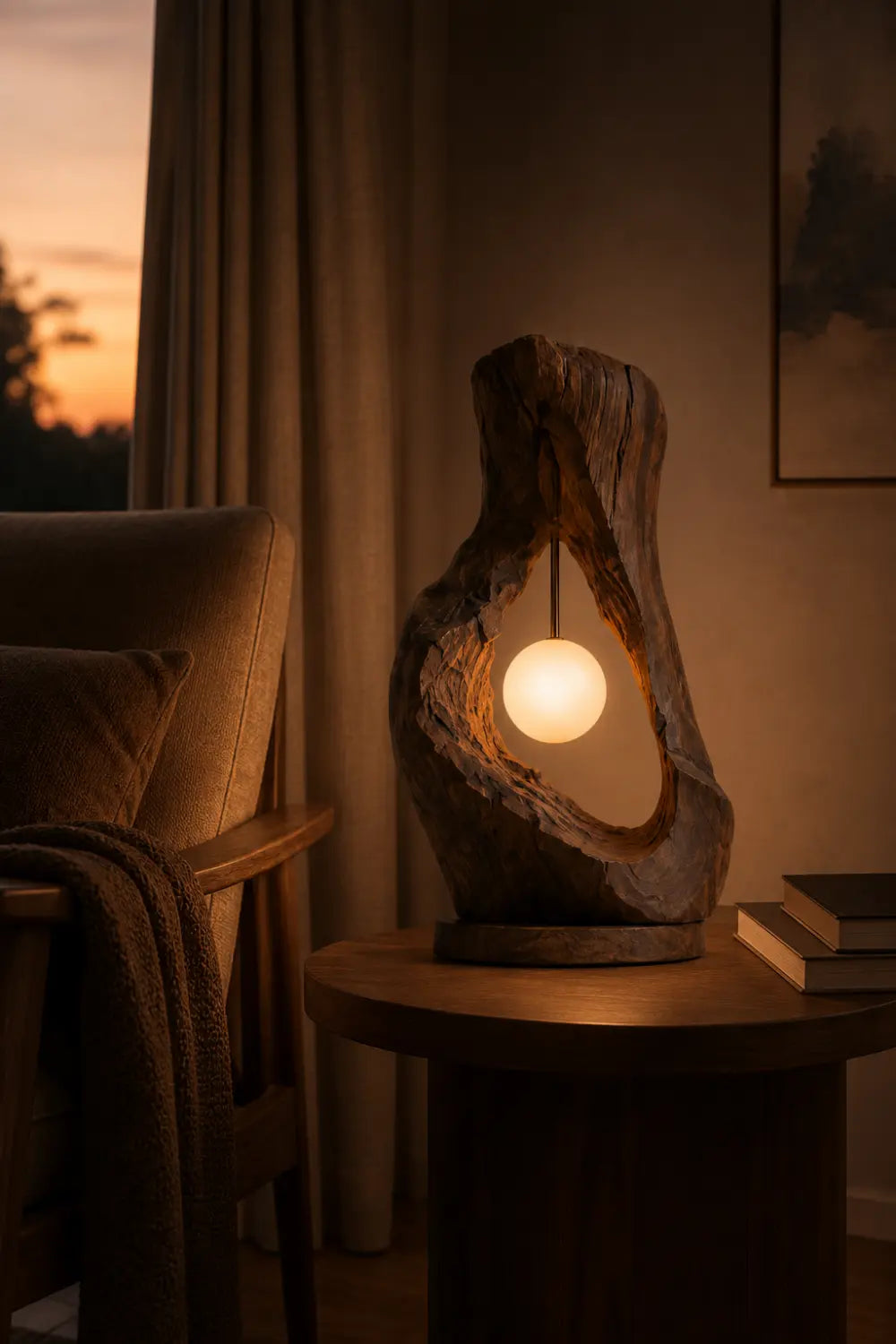 Rustic Raw Wood Cave Table Lamp | Organic Hollow Driftwood Light For Space Decor