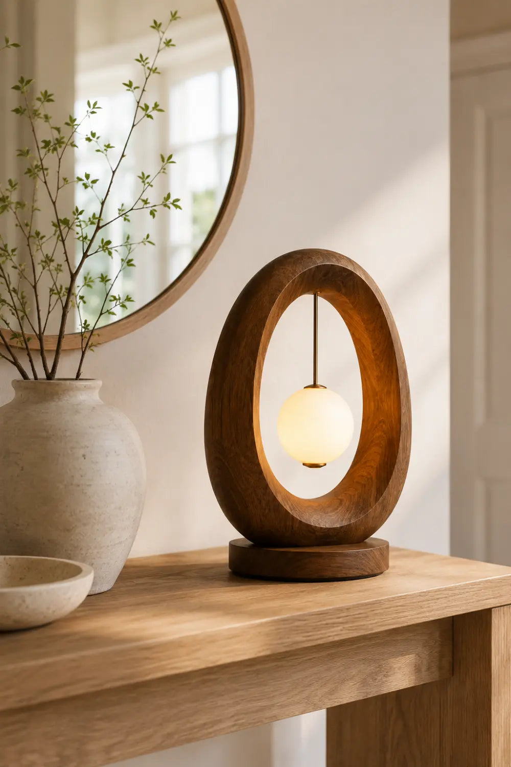 Minimalist Oval Wood Table Lamp | Elliptical Hanging Orb Desk Light For Space Decor
