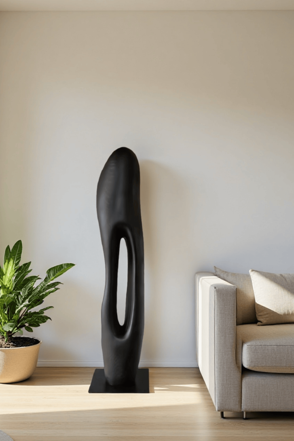 Large Modern Black Wood Sculpture Abstract Handcrafted Wooden Floor Art