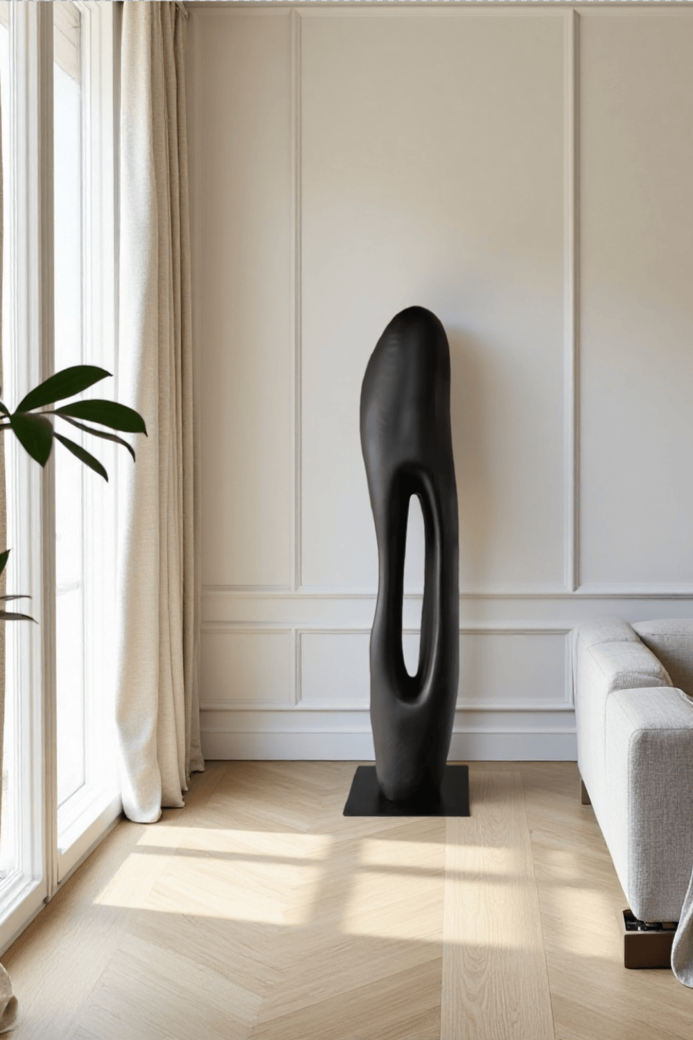 Large Modern Black Wood Sculpture Abstract Handcrafted Wooden Floor Art