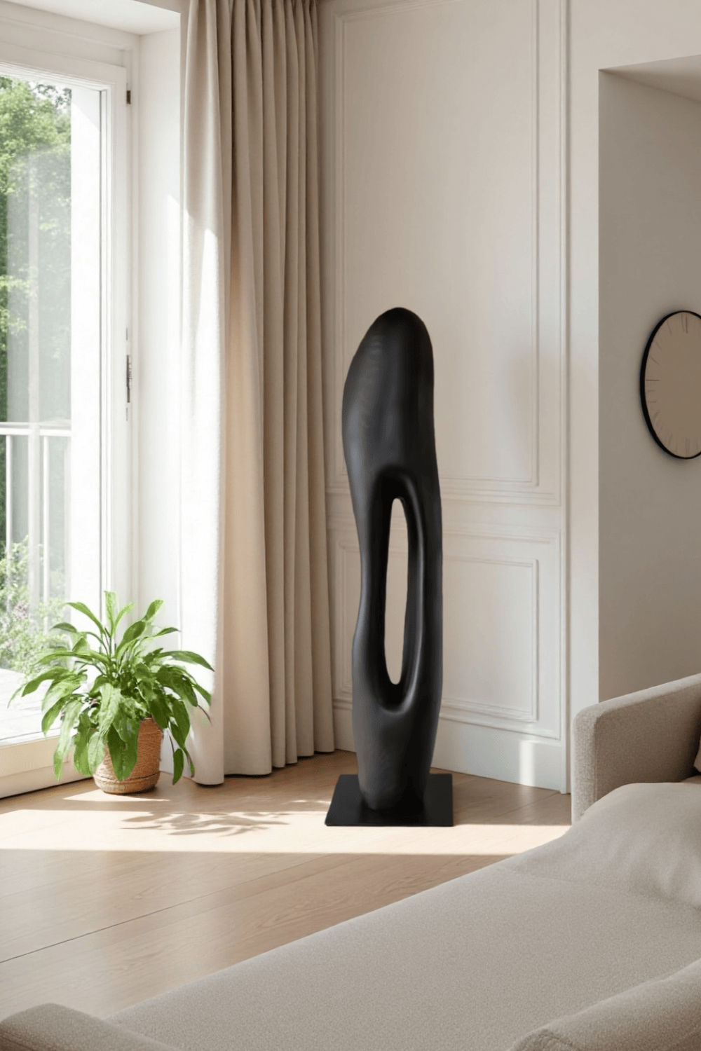 Large Modern Black Wood Sculpture Abstract Handcrafted Wooden Floor Art