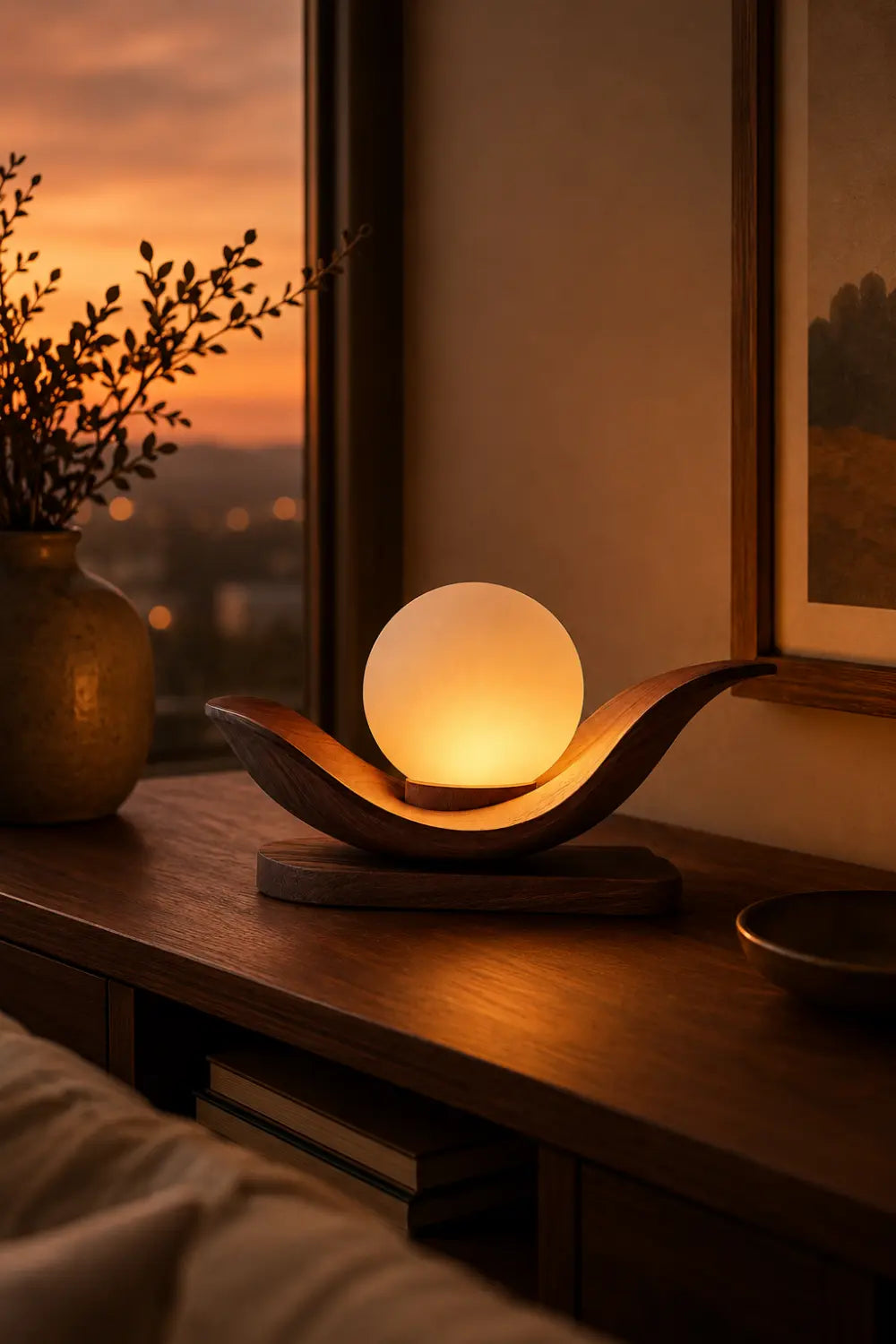 Minimalist Wooden Cradle Desk Lamp | Horizontal Sphere Tray Accent Light | Cozy Space Gift