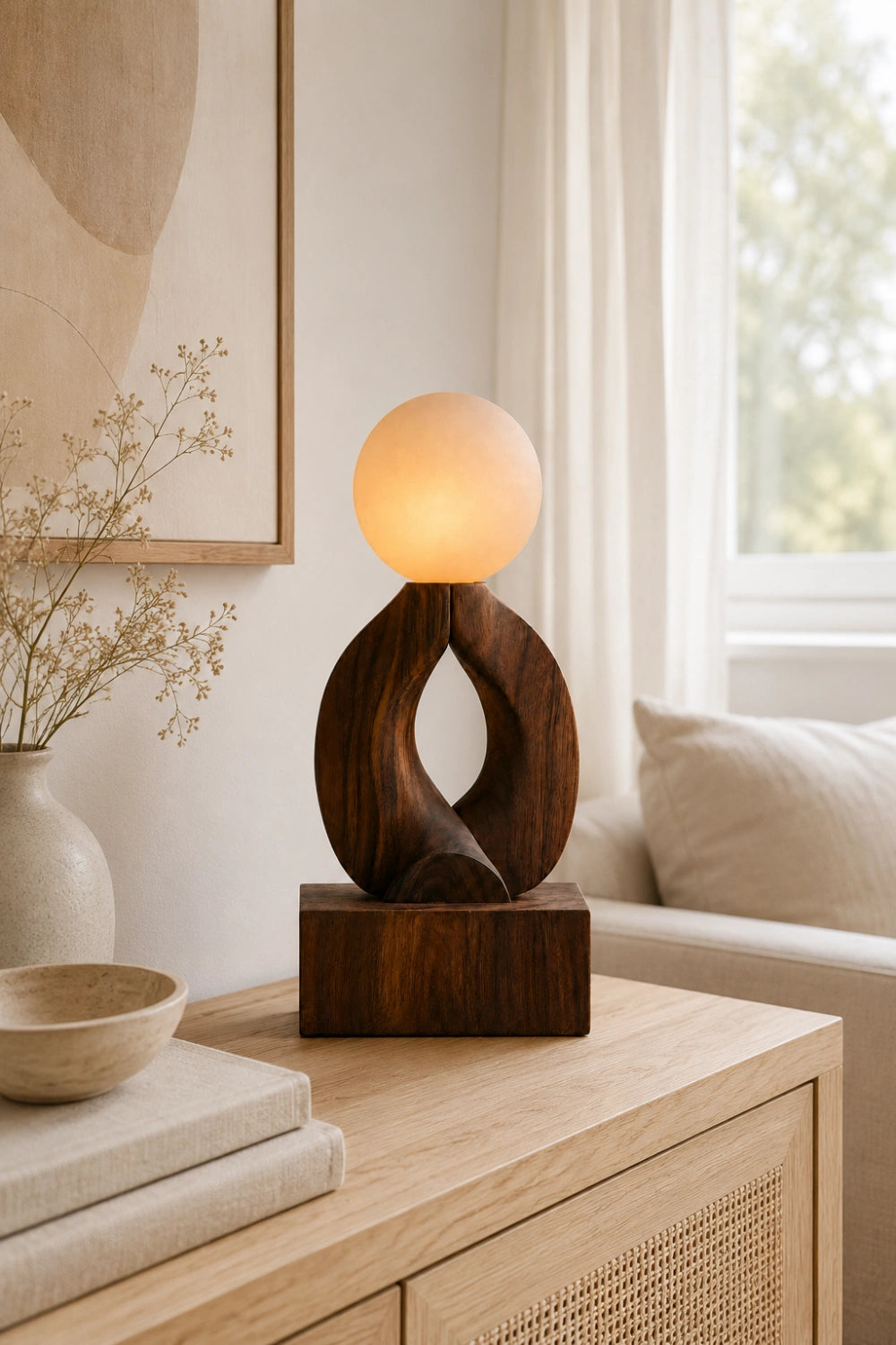 Hand Carved Wooden Art Lamp Sculptural Lighting Fixture Natural Walnut Finish Home Accent
