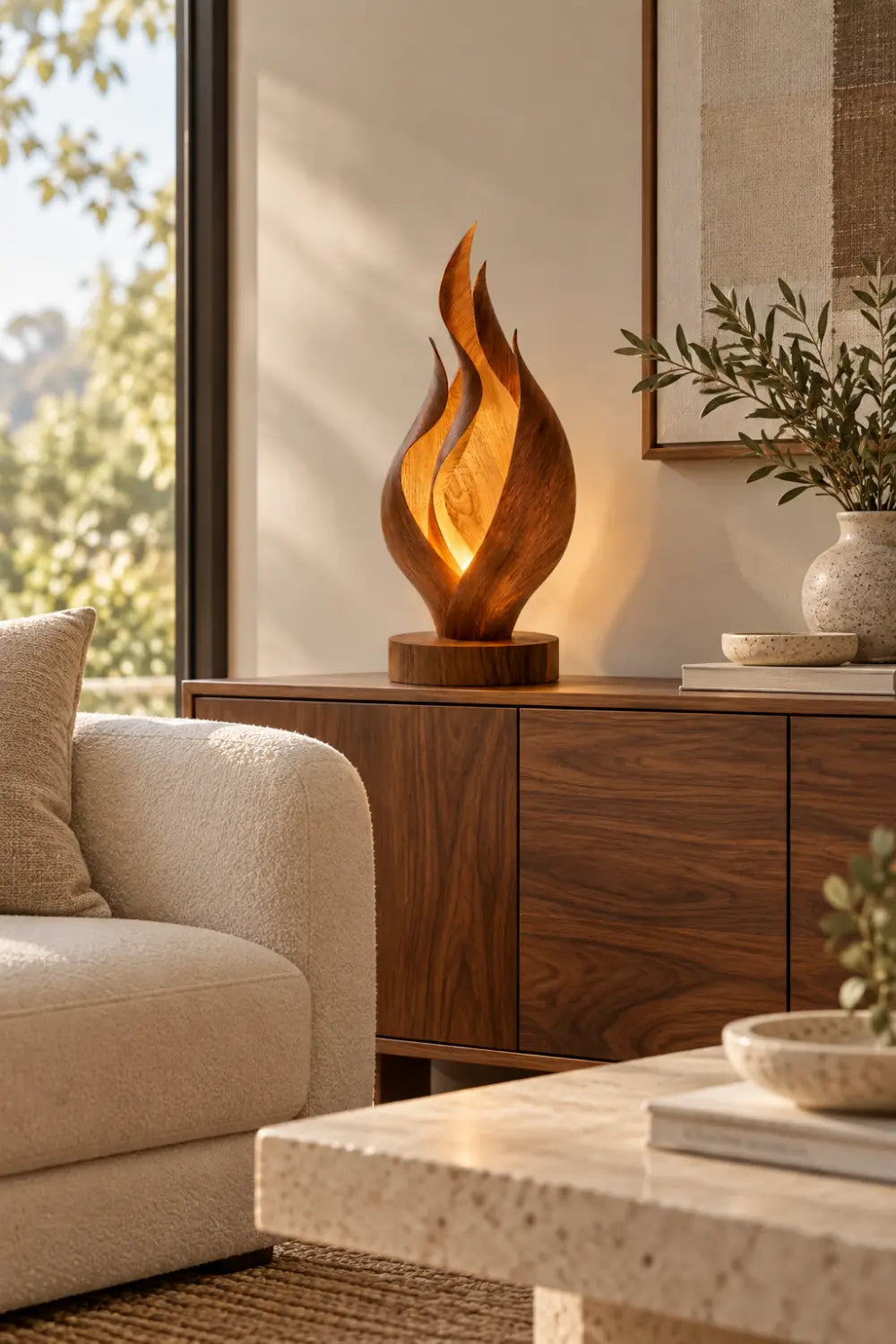Abstract Wooden Flame Table Lamp Hand Carved Walnut Desk Light For Modern Home Decor