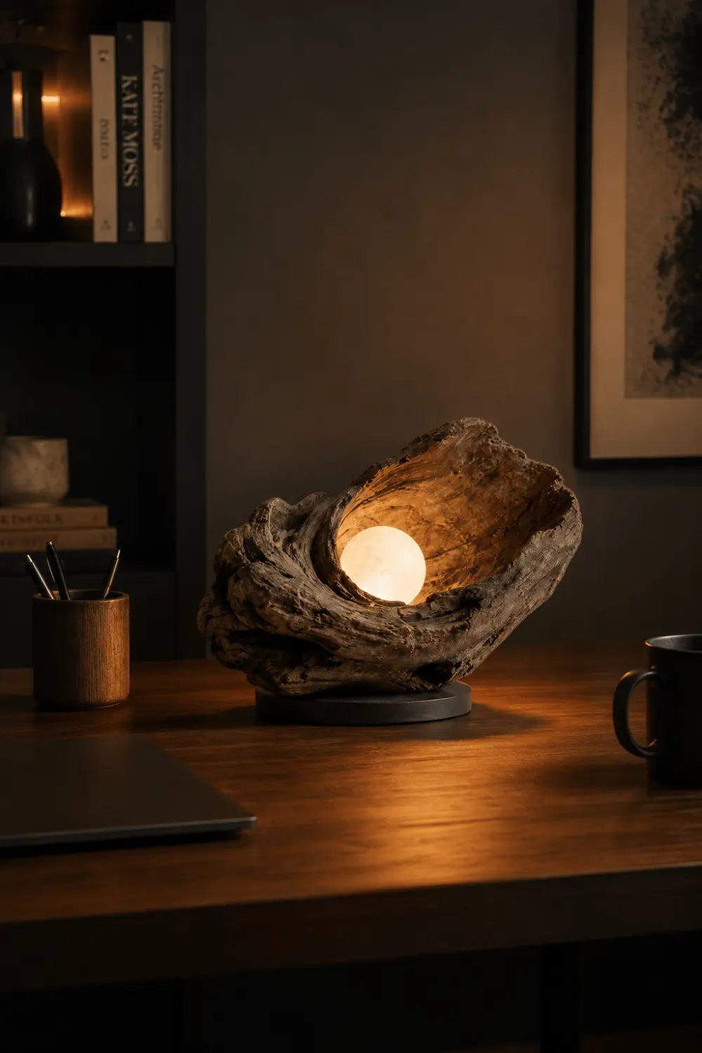 Handcrafted Weathered Driftwood Table Sculptural Wooden Lamp With Warm Glow For Modern Home Decor