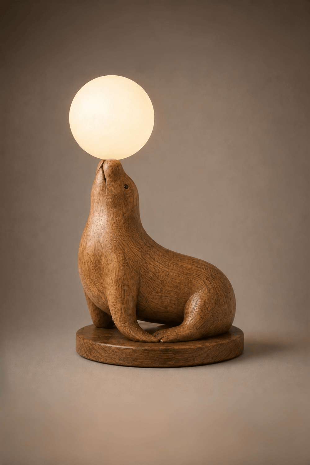Hand Carved Wooden Seal Lamp With Glowing Orb For Modern Home Decor