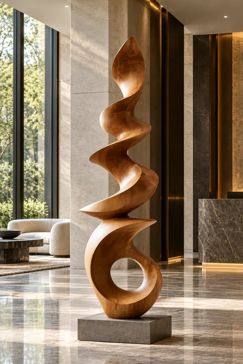 Large Spiral Wood Floor Sculpture | Abstract Open Ring Statue For Living Space