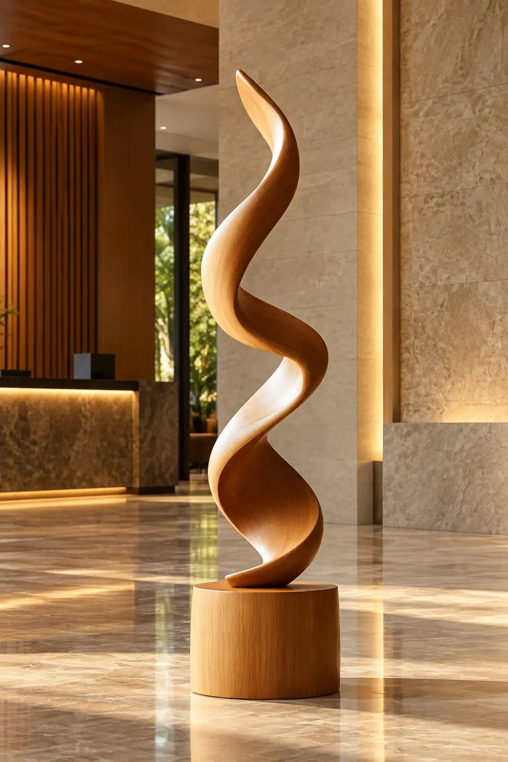 Large Spiral Oak Wood Sculpture Modern Abstract Floor Standing Statue For Home Decor