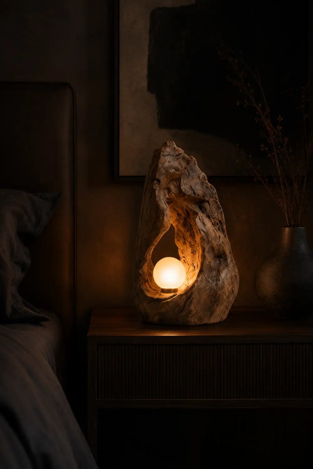 Hand Carved Organic Wood Table Lamp With Warm Glow For Modern Living Rooms