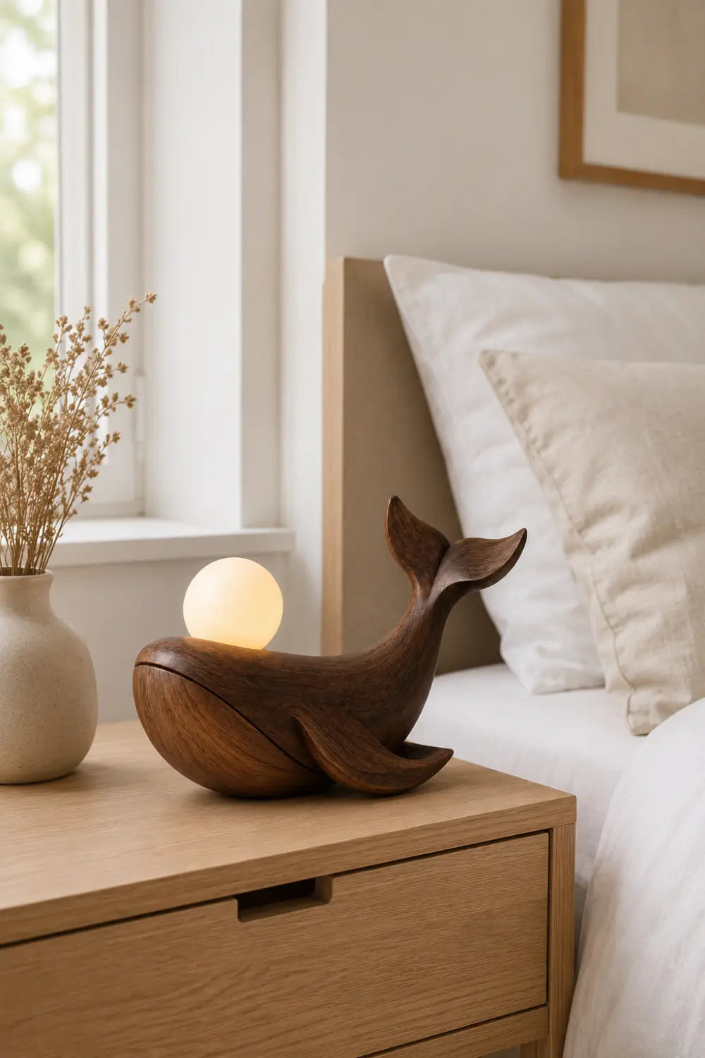 Solid Walnut Whale Sculpture Lamp Hand Carved Natural Wood Grain Tabletop Lighting