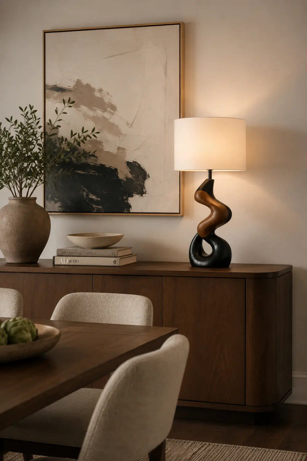 Artistic Twisted Wood Desk Lamp Creating Warm Ambiance In Study Or Office Space