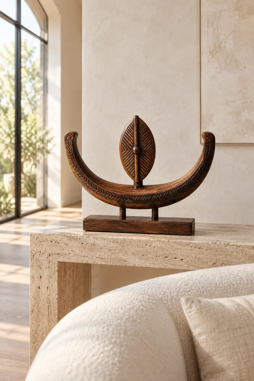 Abstract Wooden Desktop Sculpture Minimalist Tribal Art For Office Or Living Room Display