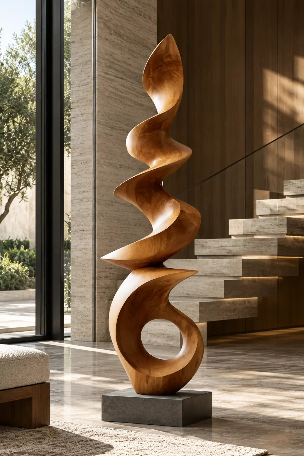 Large Spiral Wood Floor Sculpture | Abstract Open Ring Statue For Living Space