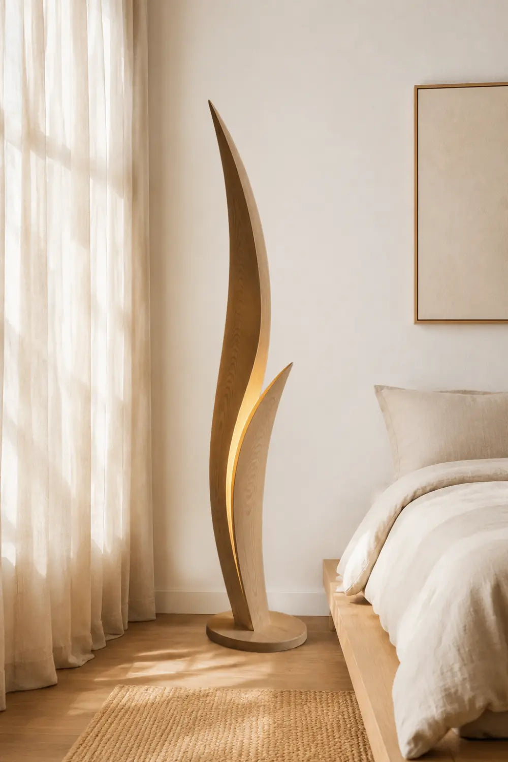 Modern Wooden Floor Lamp With Sculptural Curves And Warm Ambient Glow For Contemporary Living Rooms