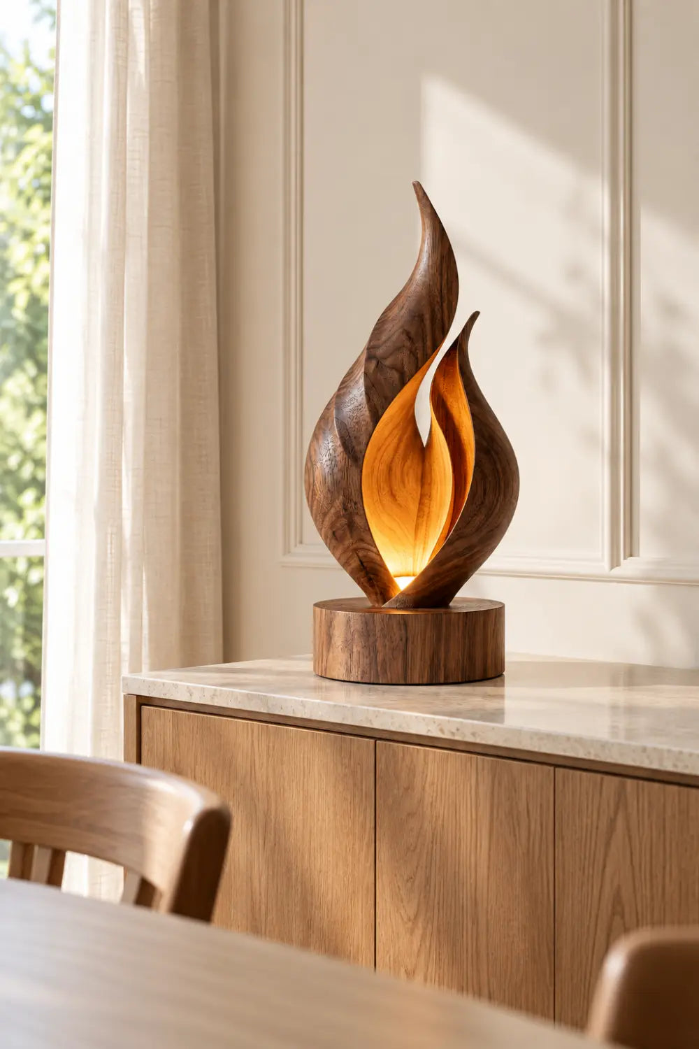 Solid Wood Flame Sculpture Lamp Warm White Light Artistic Desk Accent For Living Room
