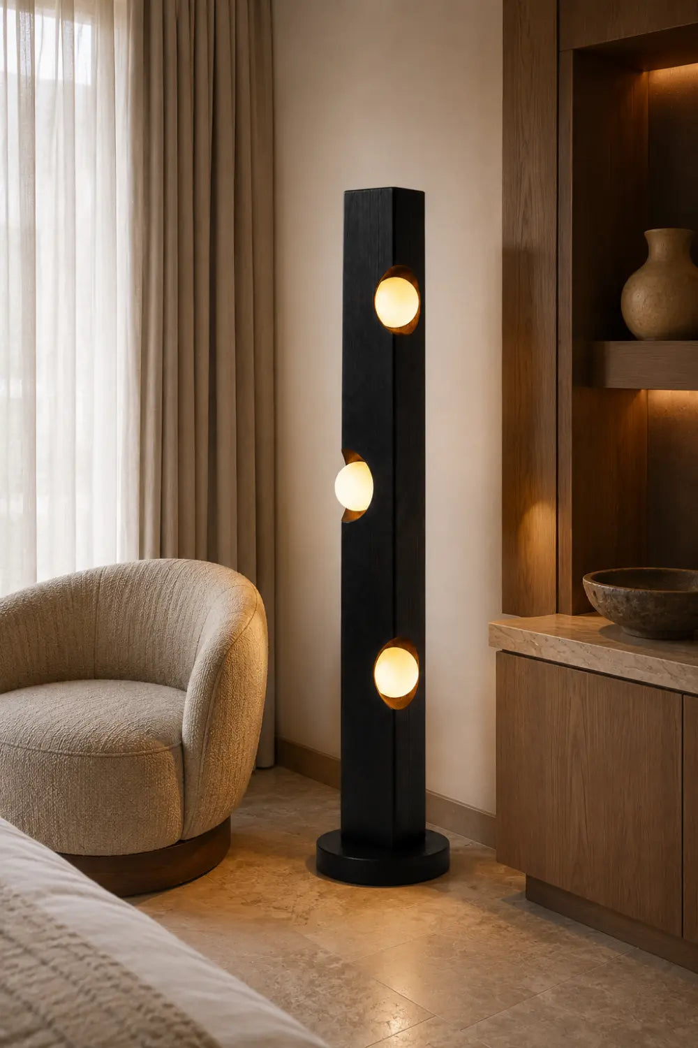 Sculptural Wooden Floor Lamp Abstract Black Timber Light Fixture For Art Gallery Style Home Interiors