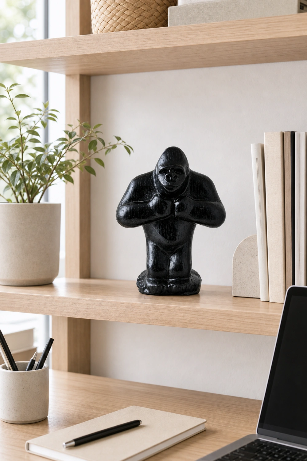 Hand Carved Gorilla Wood Sculpture - Modern Animal Desk Decor For Home Office