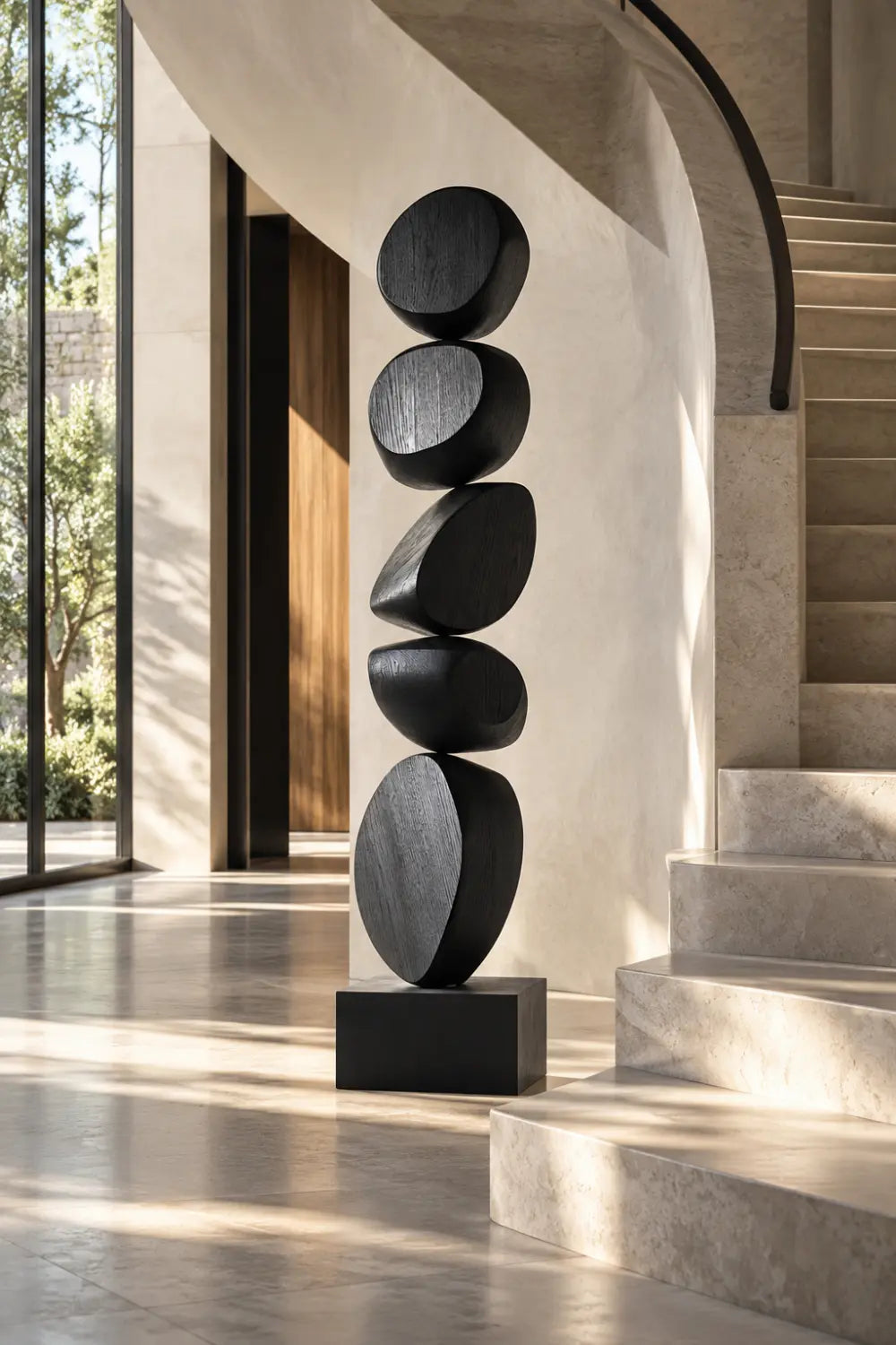 Hand Carved Matte Black Wooden Statue Large Scale Abstract Art