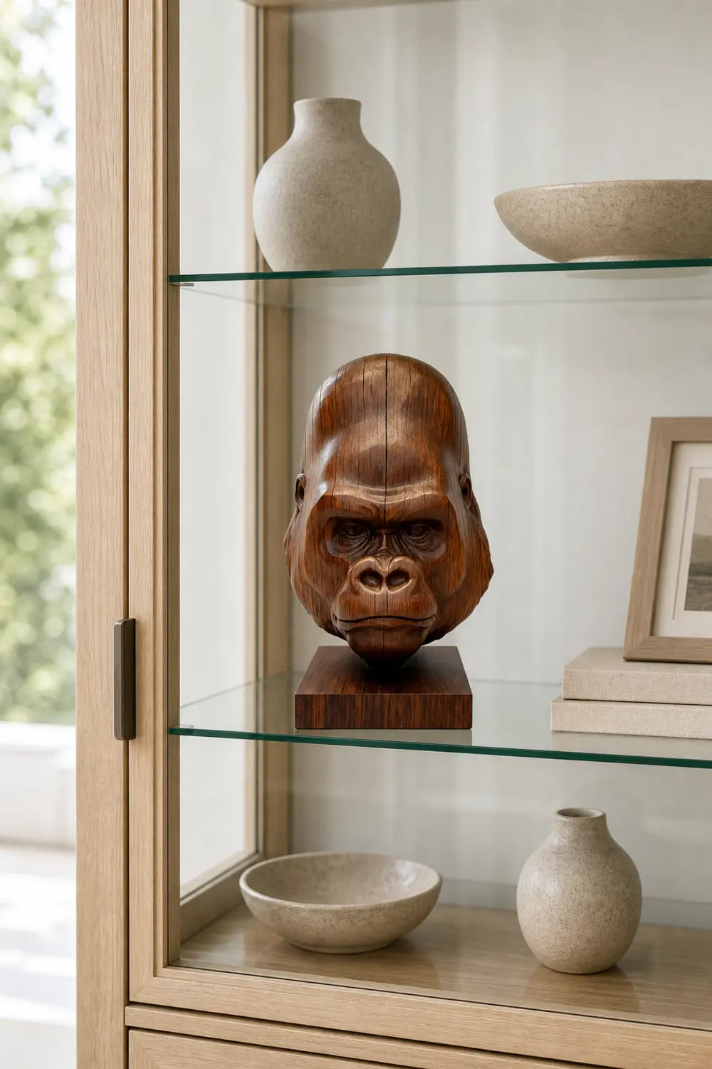 Hand Carved Walnut Gorilla Head Sculpture For Modern Home Decor And Shelf Display